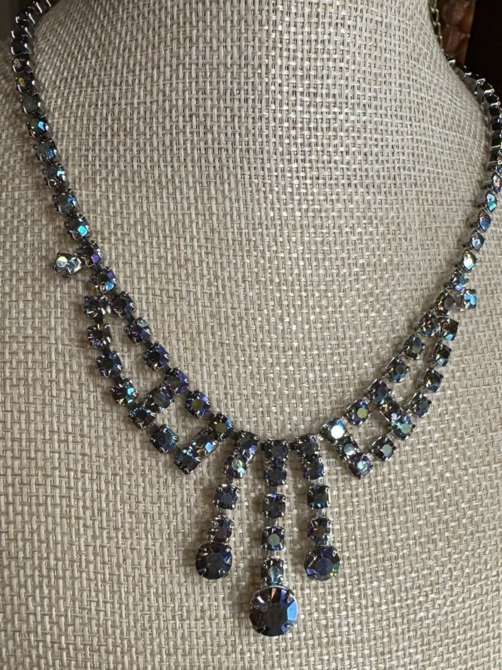 7. PRISTINE Vtg 1950s Austrian Blue AB Crystal Ladder Fringe Bib Necklace